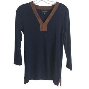 auren Ralph Lauren Women's Small Navy Faux Suede Trim Tunic Preppy Classic